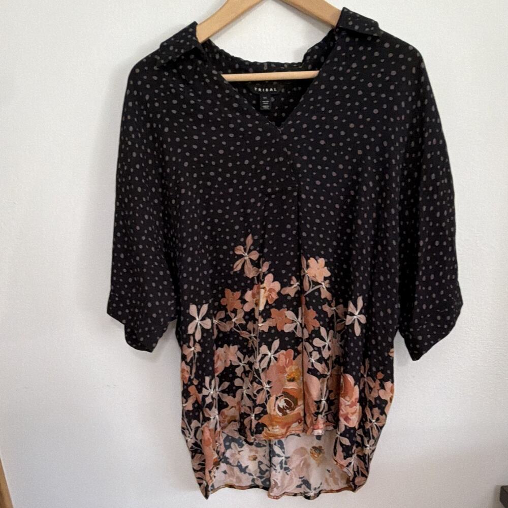 Tribal Black Pink Polka Dot Floral Chiffon V-Neck 3/4 Sleeve Blouse G/L 114